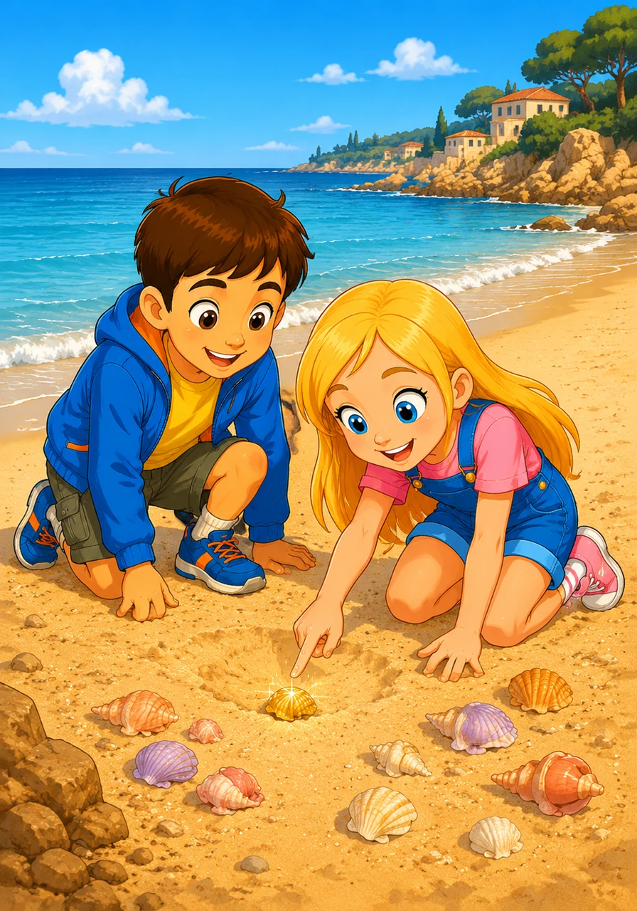 Leo and Clara arrive at a golden beach on the Costa Brava, where the blue waves gently lap at the shore. They search through the sand until Clara spots something shiny hidden near a group of colorful seashells.