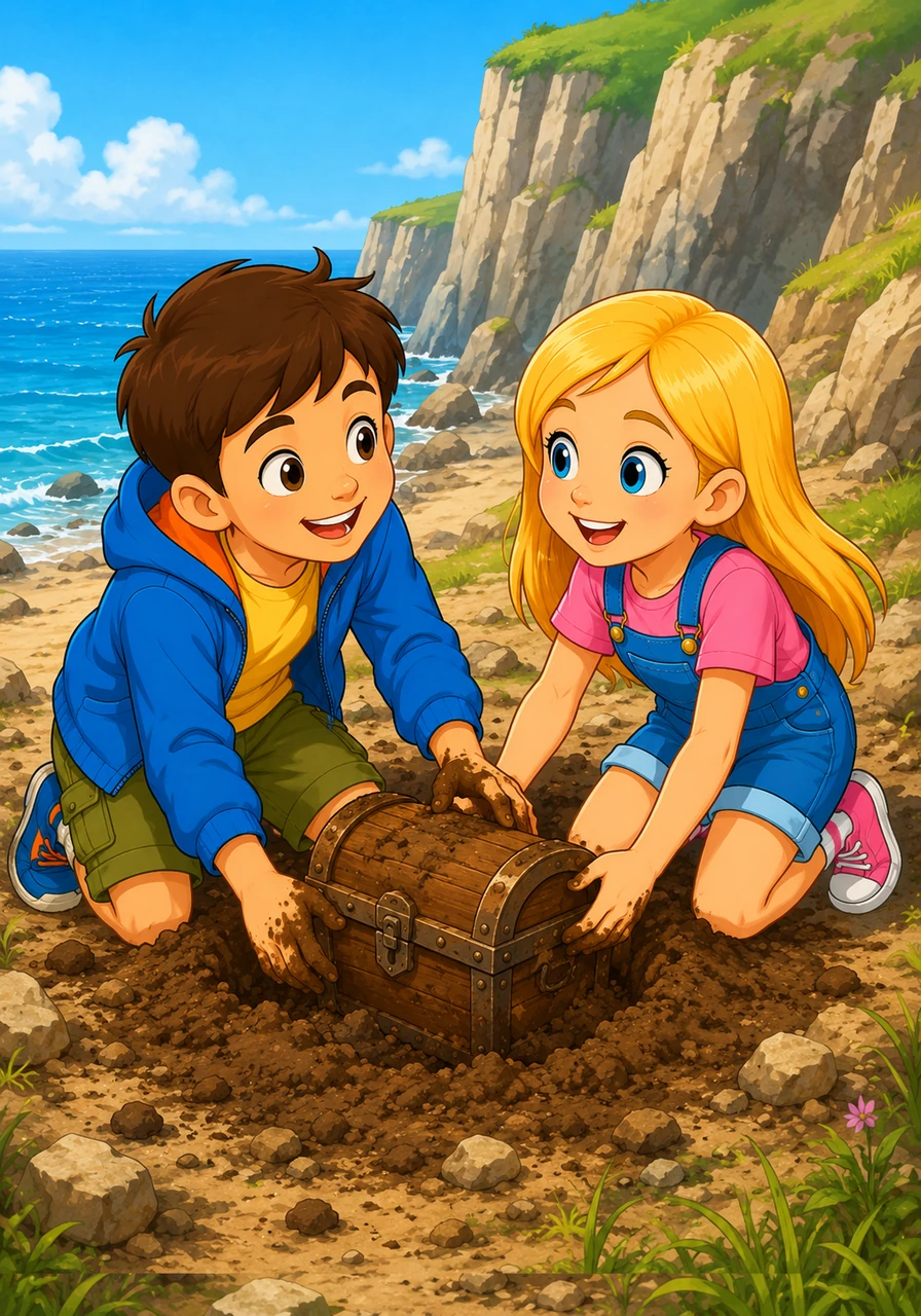 Using their hands, they dig up a small wooden treasure chest buried near the cliffs. They look at each other with big smiles, wondering what wonderful secrets might be hidden inside the old box.