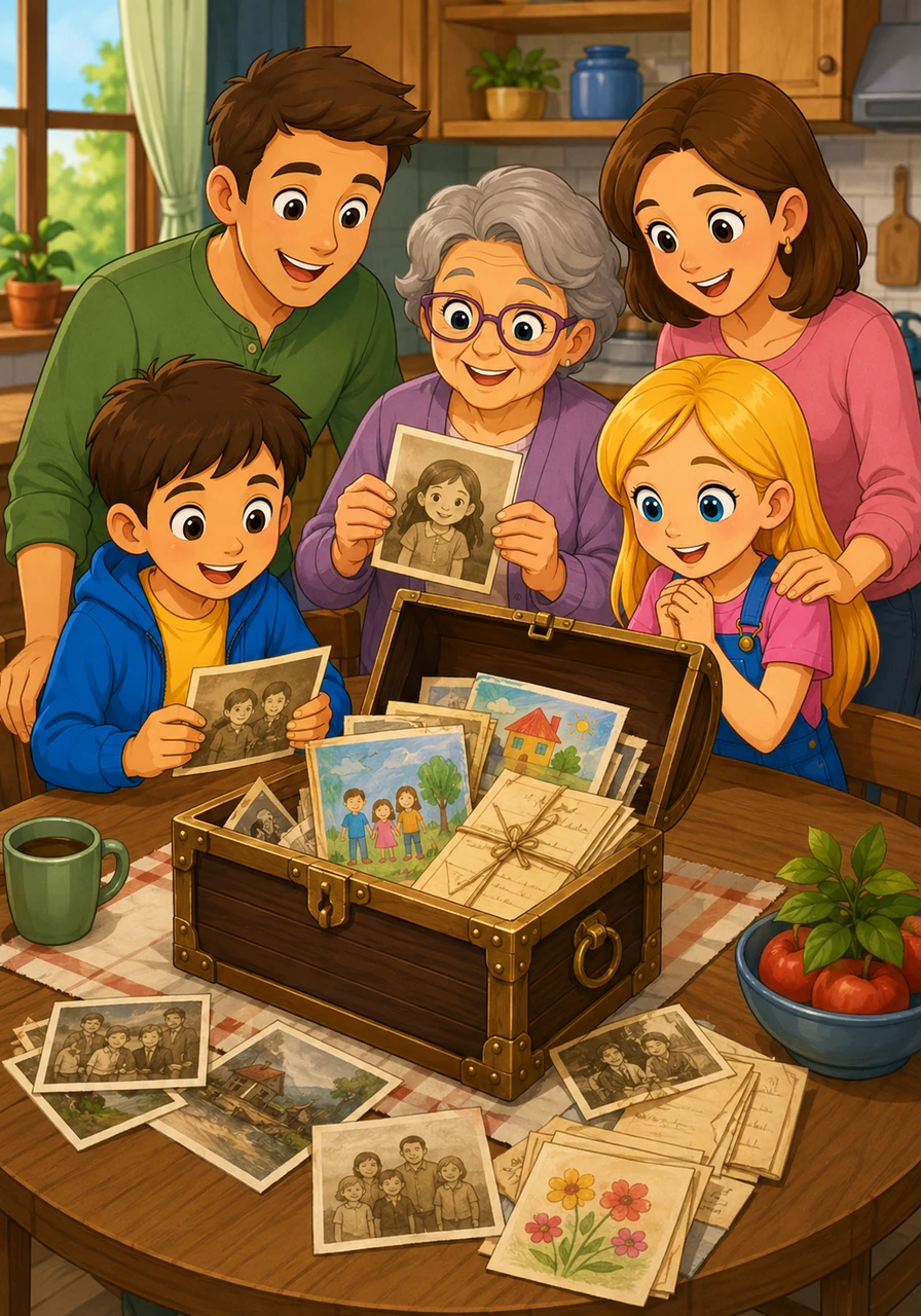 Back at home, the whole family gathers around the kitchen table to see what they found. Instead of gold, the chest is filled with old family photos, colorful drawings, and Grandma Lila’s secret recipes.
