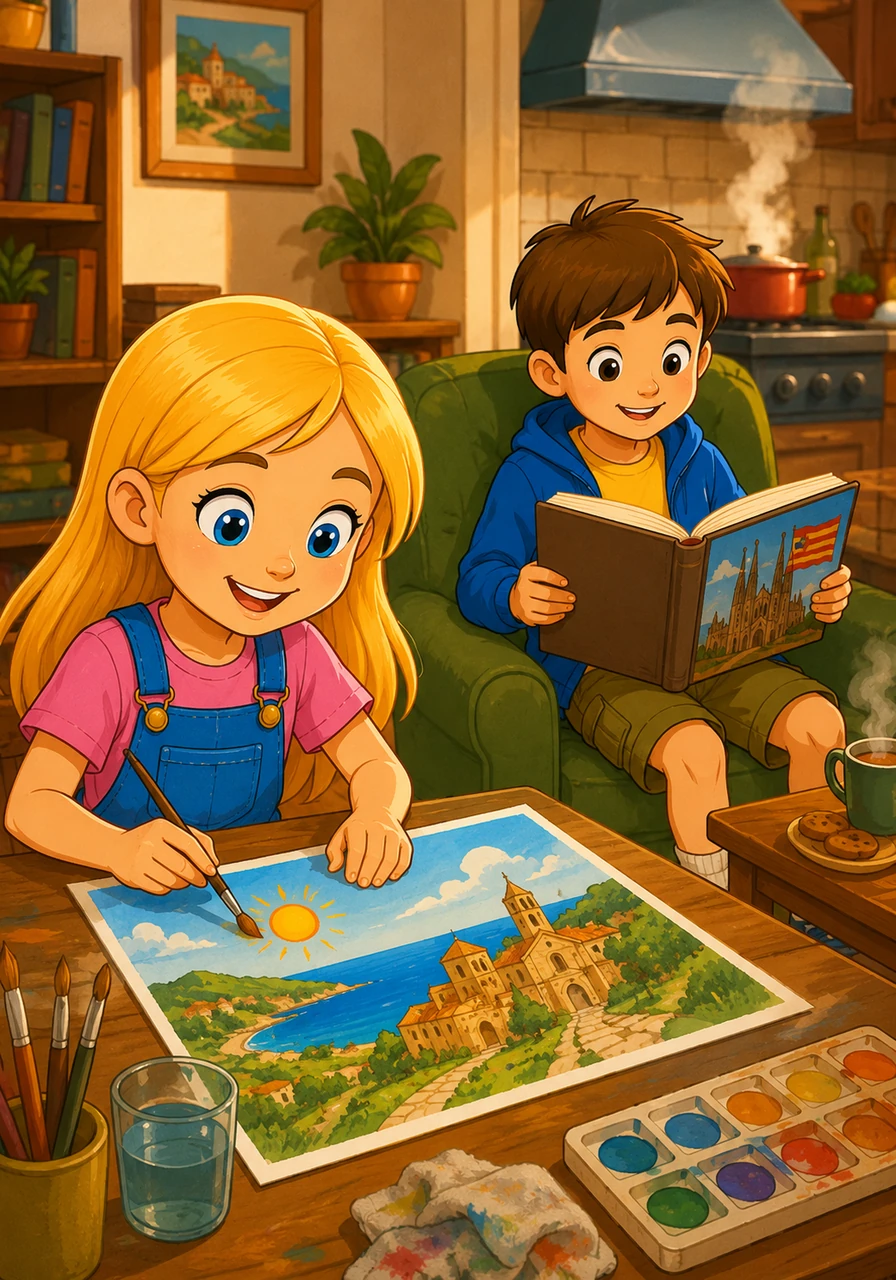 Clara starts painting a bright picture of their adventure while Leo sits nearby reading a book about the history of Catalonia. The room is filled with warmth and the smell of delicious food cooking in the kitchen.