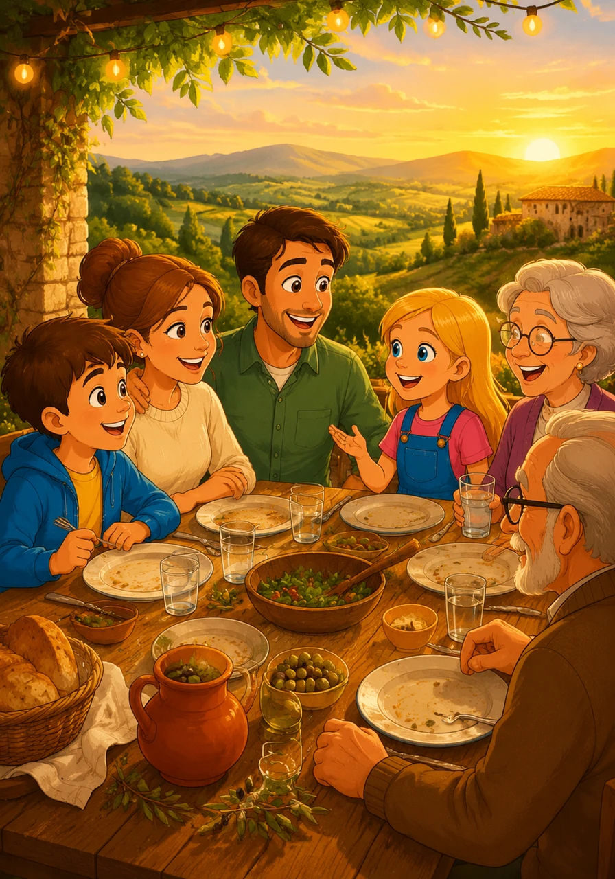 The family enjoys a wonderful dinner together, sharing stories and laughter under the evening sun. Leo and Clara realize that the best treasure of all is spending a beautiful day together in Alt Empordà.