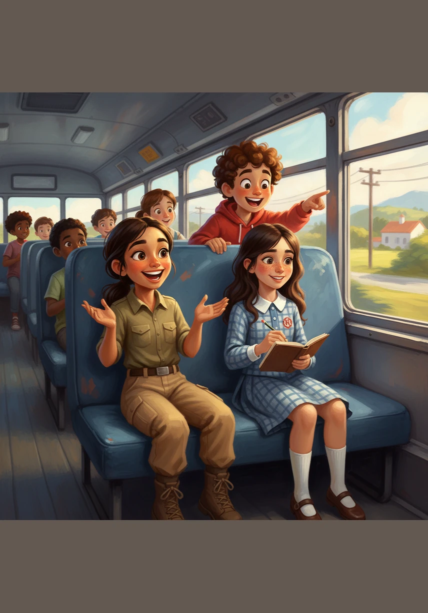 On the school bus, Mariana and Susana sing songs and tell funny stories to keep María do Céu distracted from her car sickness. Thanks to their constant cheering, their friend completely forgets her discomfort, turning the ride into a rolling party.