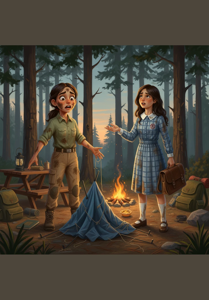 Facing a tangled pile of canvas and poles, the girls burst into laughter at their own failed attempt to pitch the tent. Luckily, Mr. Ernesto appears with a helping hand and expert skill to raise their shelter under the tall trees.