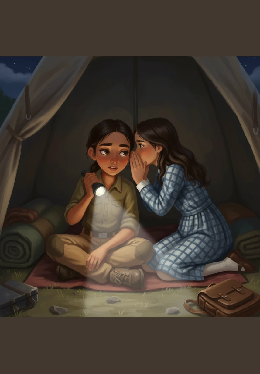 Inside the tent under the soft glow of a flashlight, Mariana patiently listens to Susana’s secrets despite being exhausted. In that shared silence, she realizes that true friendship often just means being there and knowing how to listen.