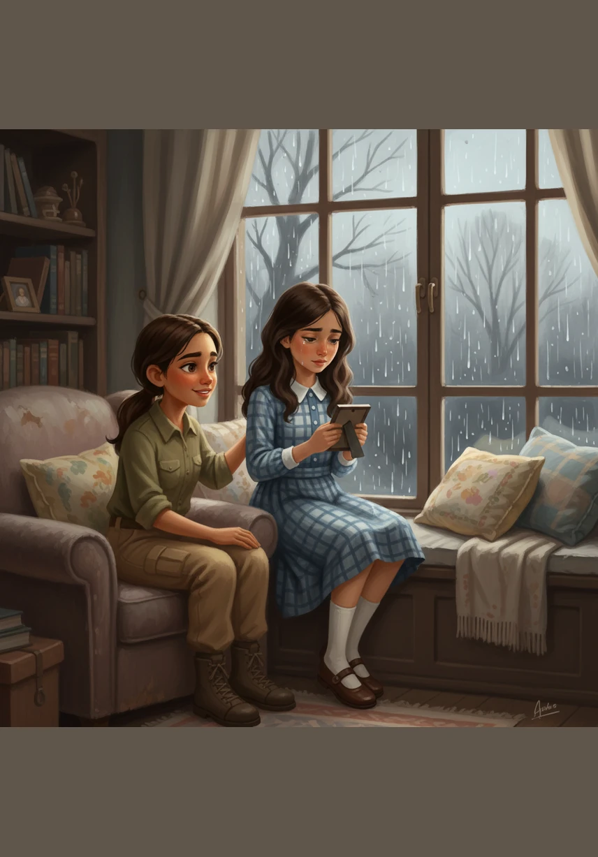 Back home, Mariana visits her friend Rita, who is going through the difficult separation of her parents. They sit together in silence as the rain falls, sharing a quiet moment that says much more than any words of comfort could.