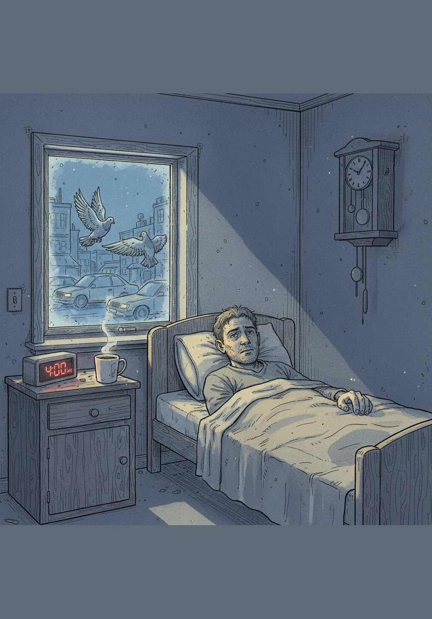 Элиас открывает глаза в мире, где всегда четыре часа утра. Серые бетонные стены замерли в ожидании рассвета, который никогда не наступит, а тишина в комнате кажется почти осязаемой и тяжелой.