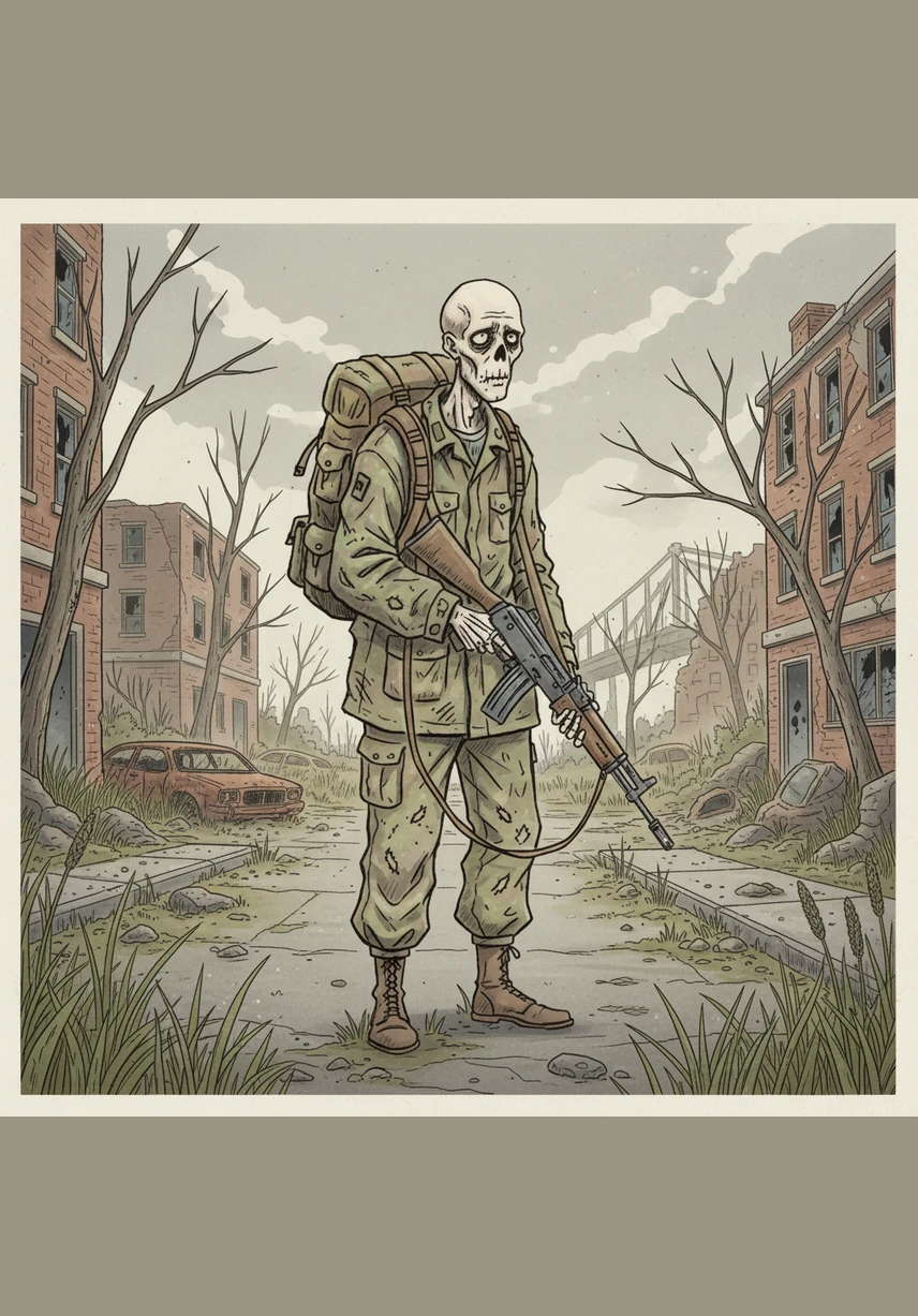 Он медленно поднимается с древнего матраса, пружины которого за долгие годы стали словно частью его собственного скелета. Рядом на пыльном полу лежит холодная винтовка — его единственный честный спутник в этом заброшенном мире.