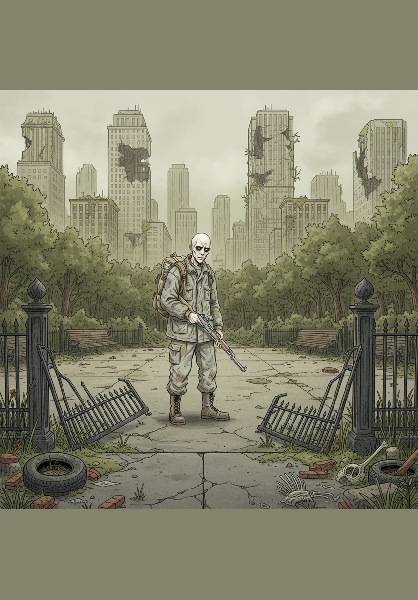 Он выходит на то, что когда-то было оживленной улицей, где скелеты многоэтажек смотрят на него пустыми глазницами выбитых окон. Ветер лениво гоняет серую пыль по растрескавшемуся асфальту, напоминая о городах, навсегда стертых из памяти истории.