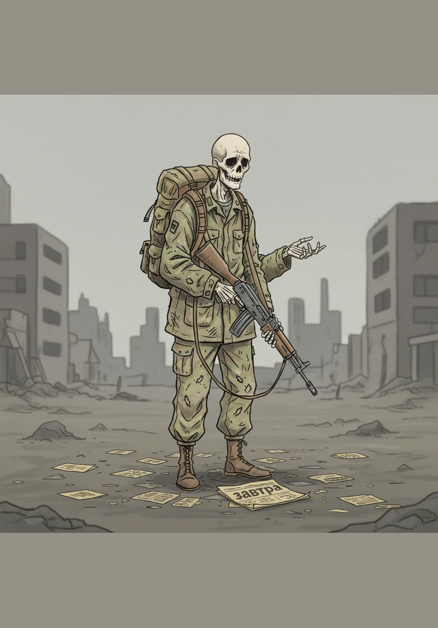 Под ногами шуршит пожелтевший обрывок старой газеты, на котором время пощадило лишь одно короткое слово — «завтра». Элиас горько усмехается, понимая, что в этом застывшем мире теперь существует только бесконечное, серое «сегодня».