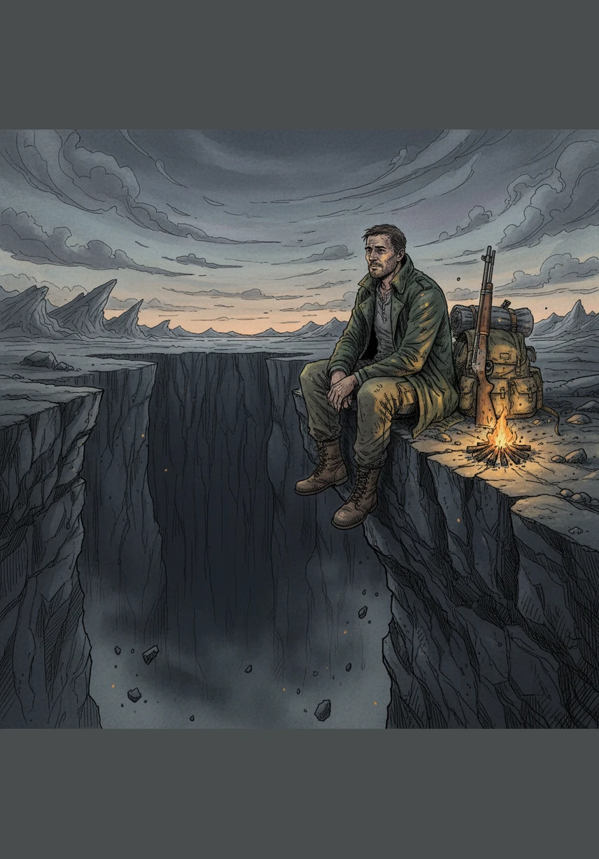 Он садится на край глубокого провала в дороге и долго смотрит на низкое, тяжелое небо, затянутое вечными облаками. Мир словно закутался в плотный саван, перестав дышать и надеяться на перемены много десятилетий назад.