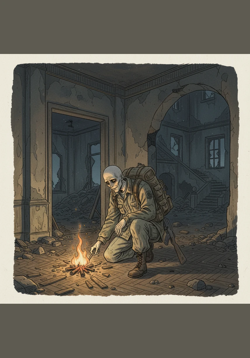 Когда сумерки становятся еще гуще, он разжигает крошечный костер из щепок старого паркета в углу разрушенного холла. Дрожащее пламя — единственное, что еще умеет улыбаться в этих руинах, пусть даже эта улыбка полна боли и усталости.