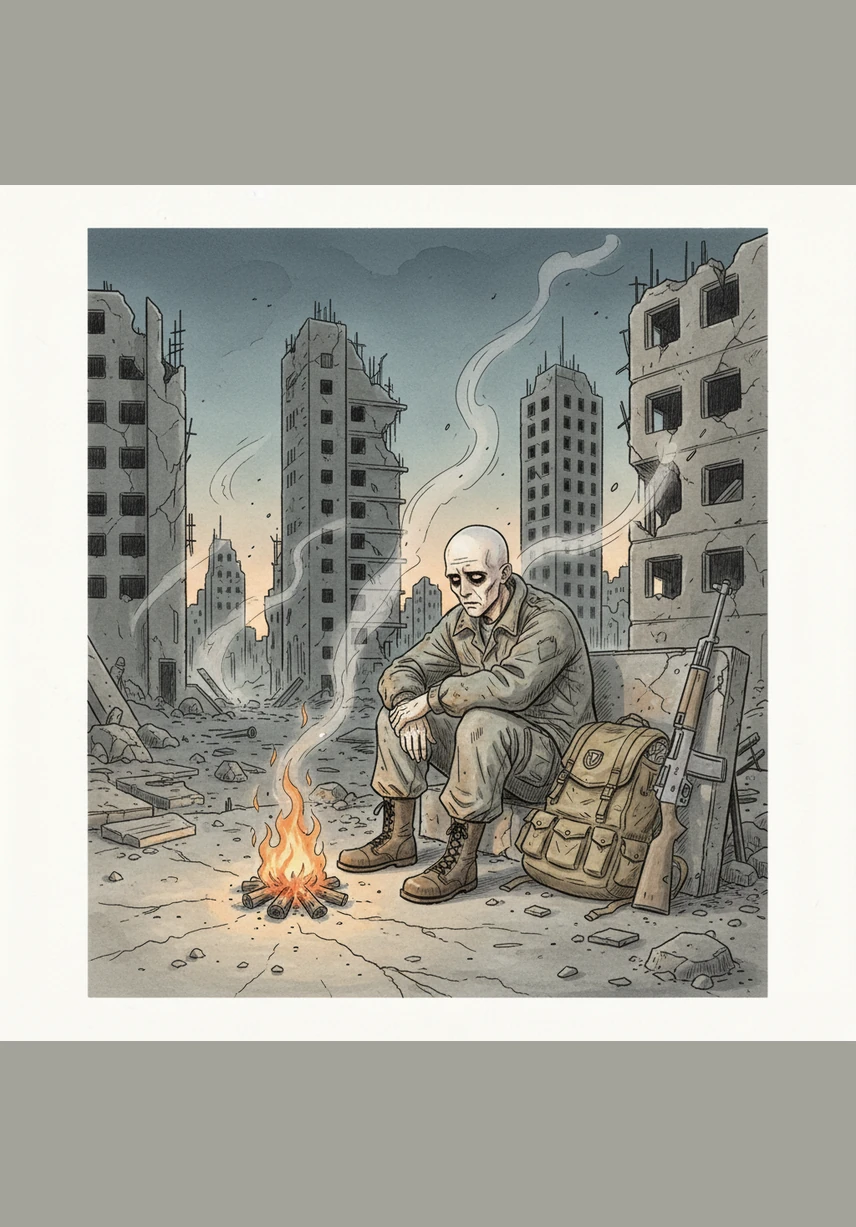 Элиас остается сидеть у огня, слушая, как ветер перебирает бетонные кости зданий. Он знает, что однажды сам станет частью этой вечной тишины, навсегда оставшись в четырех часах утра в ожидании рассвета, который никогда не наступит.