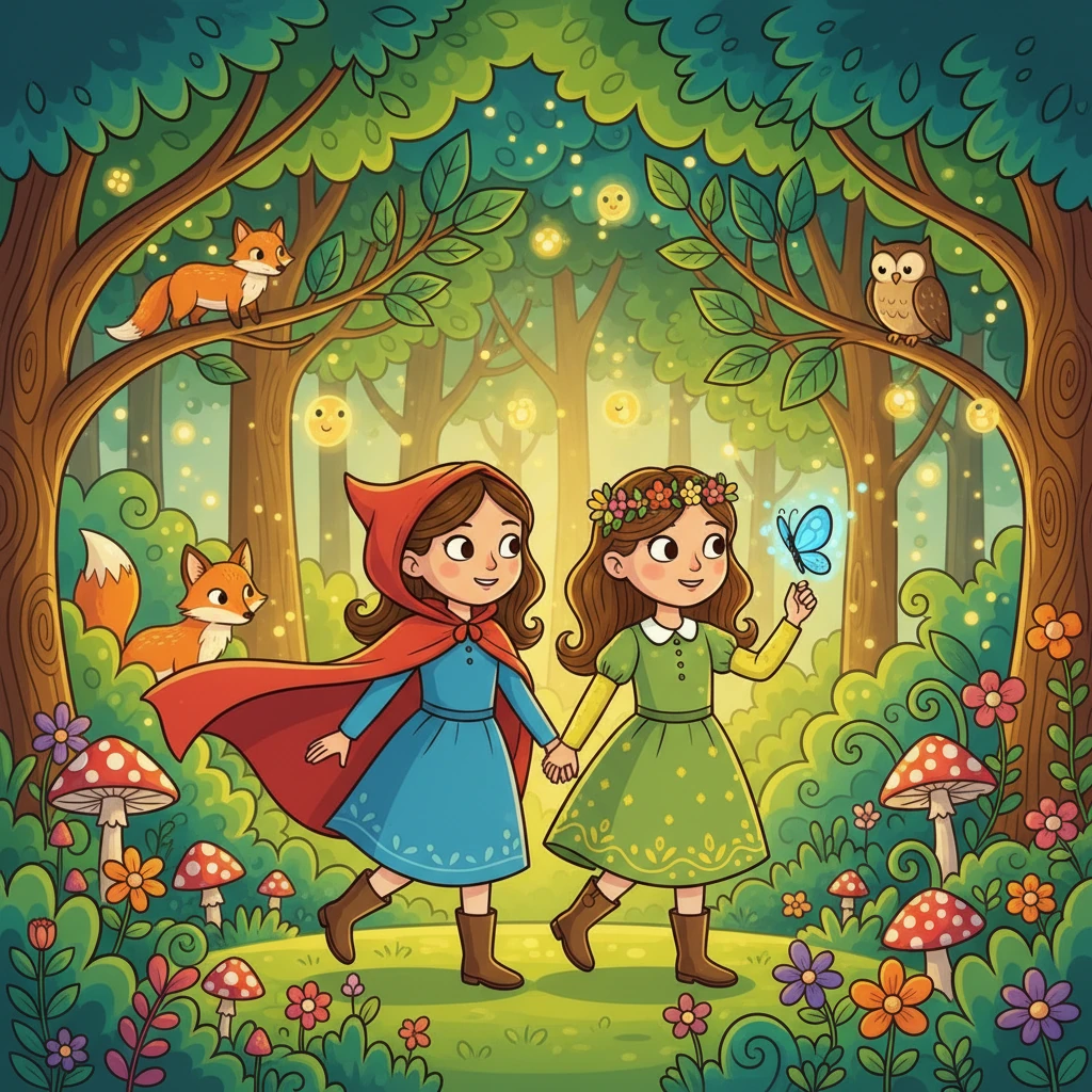 As irmãs gêmeas Pietra e Sophia caminhavam pela floresta encantada, seus passos leves ecoando entre as árvores frondosas. Pietra, com sua capa vermelha esvoaçante, observava tudo com atenção, enquanto Sophia, curiosa, admirava cada detalhe da natureza. Um brilho suave emanava das árvores e dos animais, como se a floresta respirasse magia.