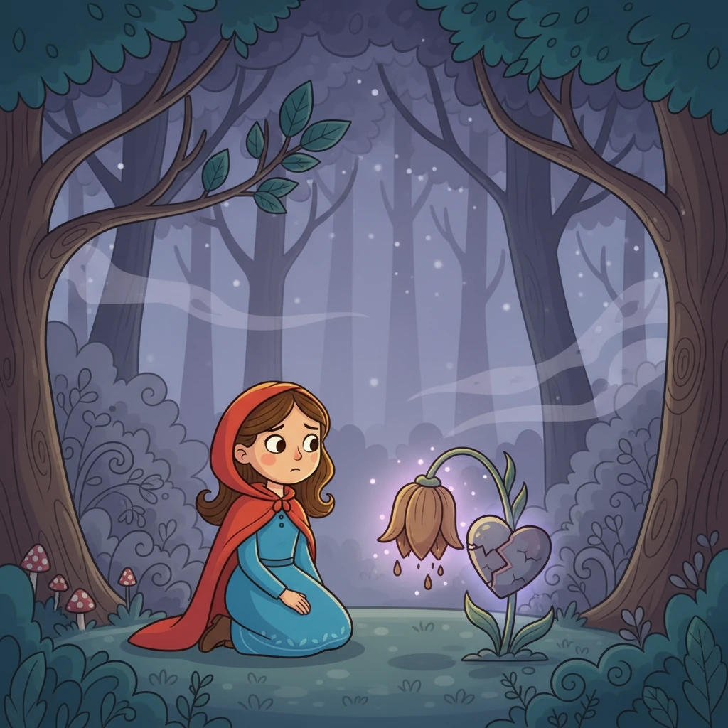 De repente, elas se depararam com uma flor murcha e um coração pulsando fracamente. Sophia, preocupada, se aproximou e perguntou: "Por que vocês estão tão tristes?". O coração, com voz fraca, respondeu que uma bruxa malvada havia lançado um feitiço, espalhando tristeza e doença por toda a floresta.