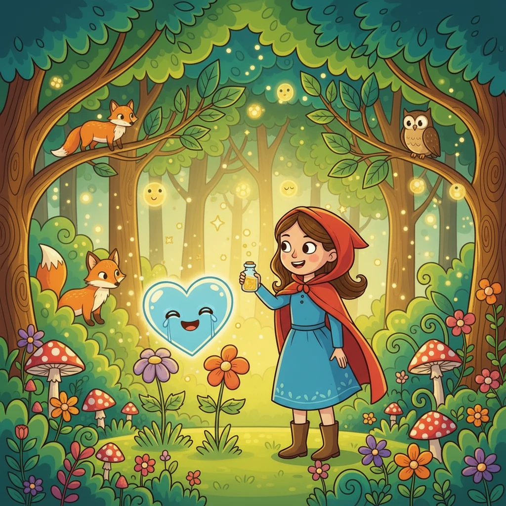 Com os ingredientes em mãos, Pietra preparou a poção da felicidade. Quando o coração e a flor beberam, a tristeza desapareceu, dando lugar a um brilho radiante e a um sorriso feliz. A floresta, antes sombria, voltou a vibrar com alegria e cores vibrantes.