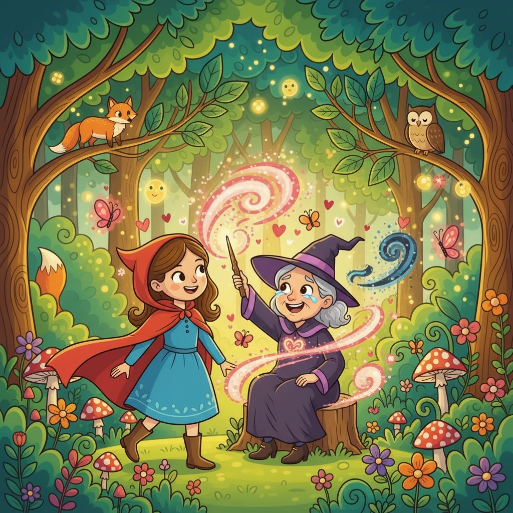 Com a bruxa presa, Pietra ergueu sua varinha e lançou um feitiço da felicidade. A bruxa, envolvida pela magia, sentiu seu coração se encher de alegria, e a maldade desapareceu. As irmãs, felizes, continuaram sua jornada, espalhando amor, magia e alegria por onde passavam.