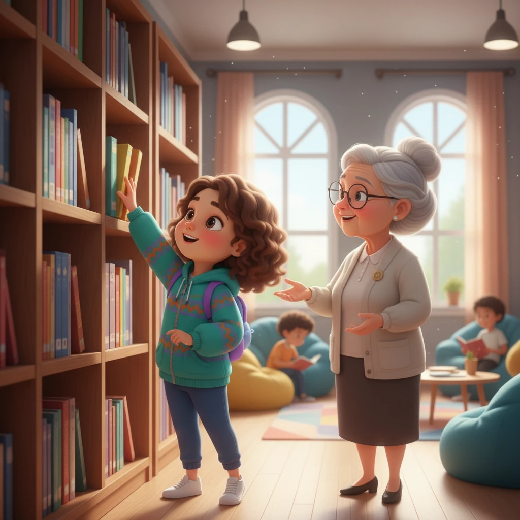 Ару кітапханаға барады. Ол цифрлық инклюзия және қолжетімді технологиялар туралы кітаптар мен мақалаларды іздейді. Кітапханашы оған көмектеседі.