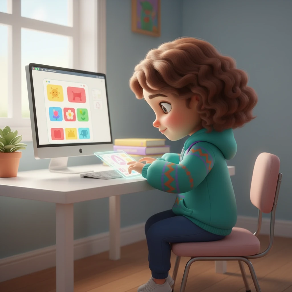 Ол компьютерде ерекше білім беру қажеттіліктері бар балаларға арналған қарапайым интерфейстің эскиздерін салады. Бұл интерфейс үлкен батырмалармен және анық суреттермен ерекшеленеді.