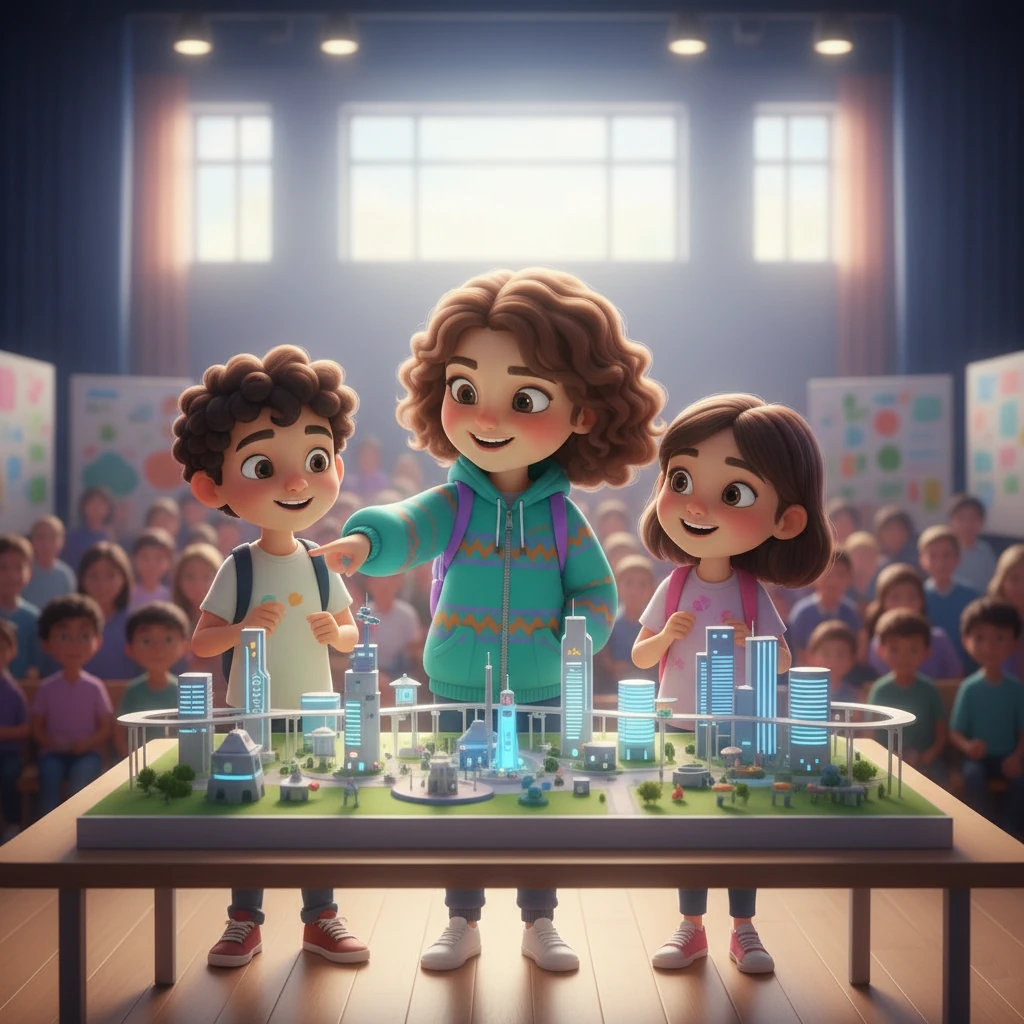 Байқауда Ару мен оның достары өз жобасын таныстырып жатыр. Олардың көздерінде сенімділік пен мақтаныш бар.