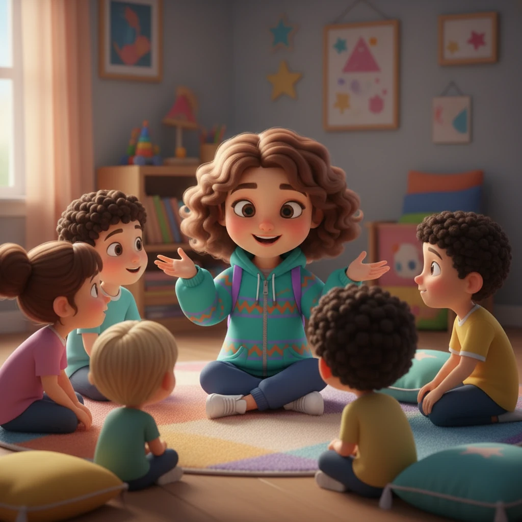 Ол бір топ балалармен бірге отырып, оларға жаңа қолданбалар мен ойындар туралы айтып береді. Балалар оны қызыға тыңдайды.