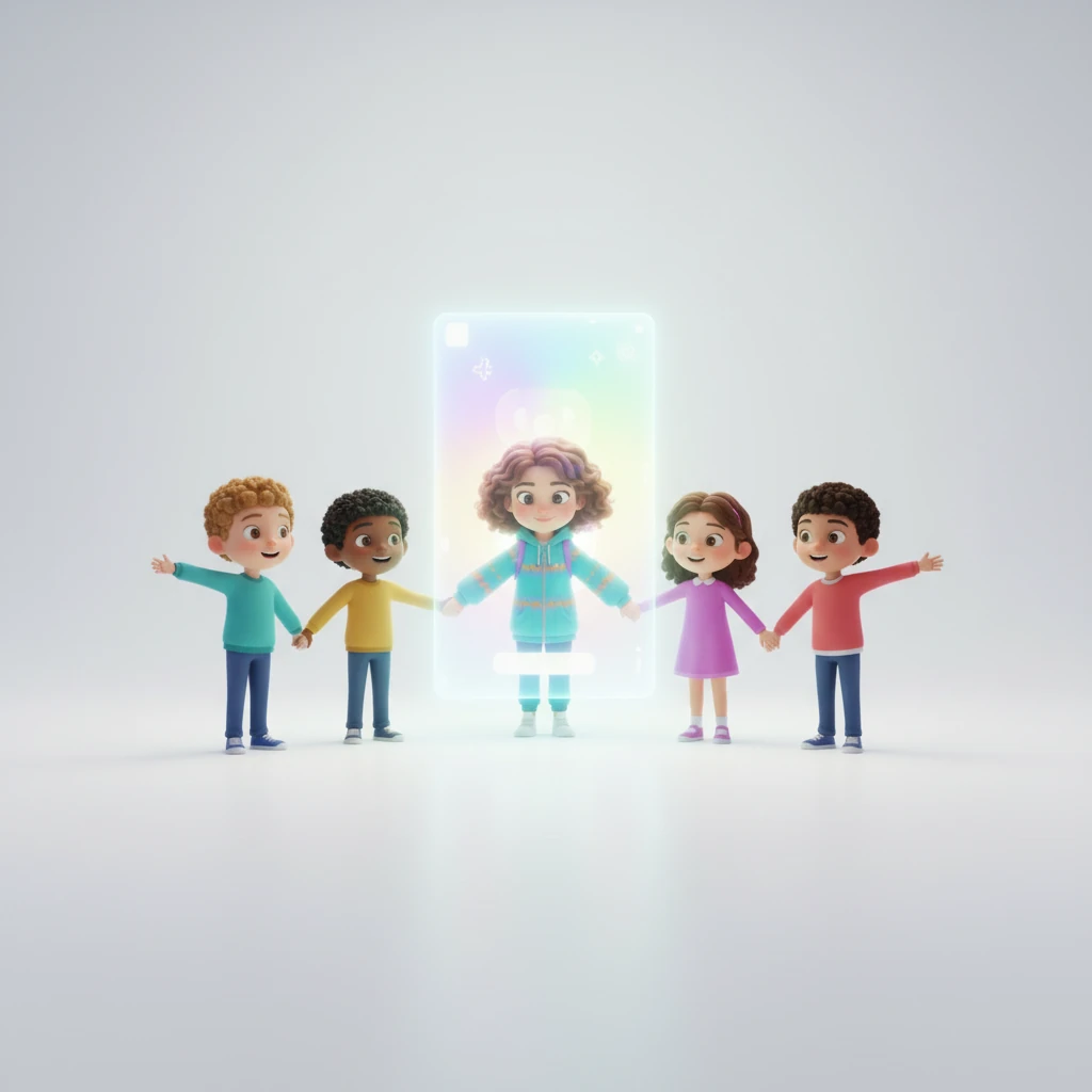 Соңғы сурет: Ару мен барлық балалар бірге, қол ұстасып, жарқын цифрлық әлемнің символы ретінде жарқыраған экранның алдында тұр. Бұл әлемде әрбір баланың орны бар.