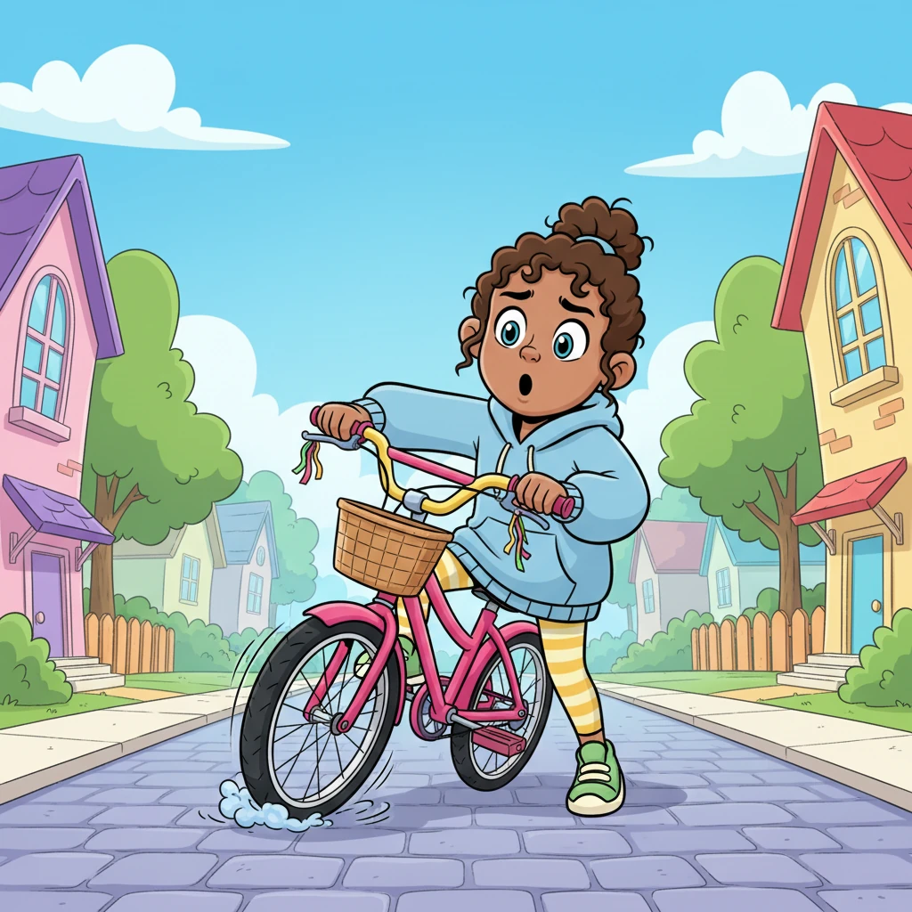 Last week, Nia was happily riding her bright pink bicycle to her friend’s house when suddenly, the front tire went flat with a soft hiss. Her joyful expression quickly turned into a surprised frown as the bike wobbled to a stop. The vibrant street stretched out before her, but her journey was now interrupted.