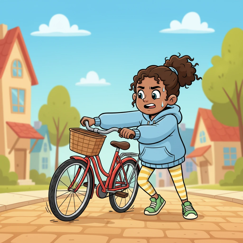 Nia was bravely dragging her beloved bike down the sunny street when her arms started hurting from the effort. Her medium black afro bounced with each strained step as she pulled the heavy, flat-tired bicycle. A small bead of sweat trickled down her brown skin, showing her determination despite the growing discomfort.