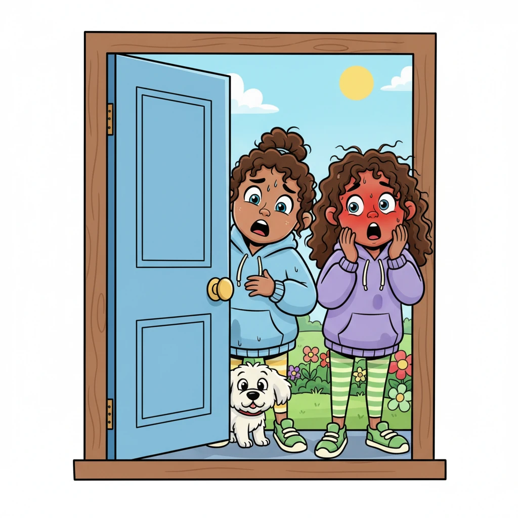 When Nia finally got to her friend’s house, she was so tired and sweaty. Her friend, Maya, opened the door, her eyes wide with concern at Nia's disheveled appearance. Nia leaned against the doorframe, trying to catch her breath after her unexpected ordeal.
