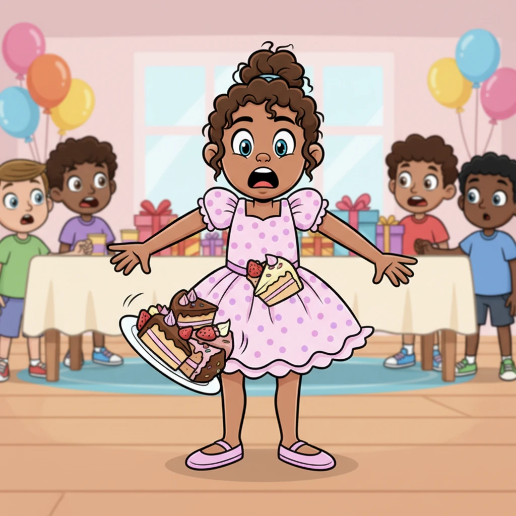 Later, Nia was smiling brightly in her pretty party dress at Maya's house when her plate, piled high with delicious cake, slipped right from her hands! The colorful treat tumbled towards her pristine outfit. Her cheerful smile instantly transformed into a look of wide-eyed horror.
