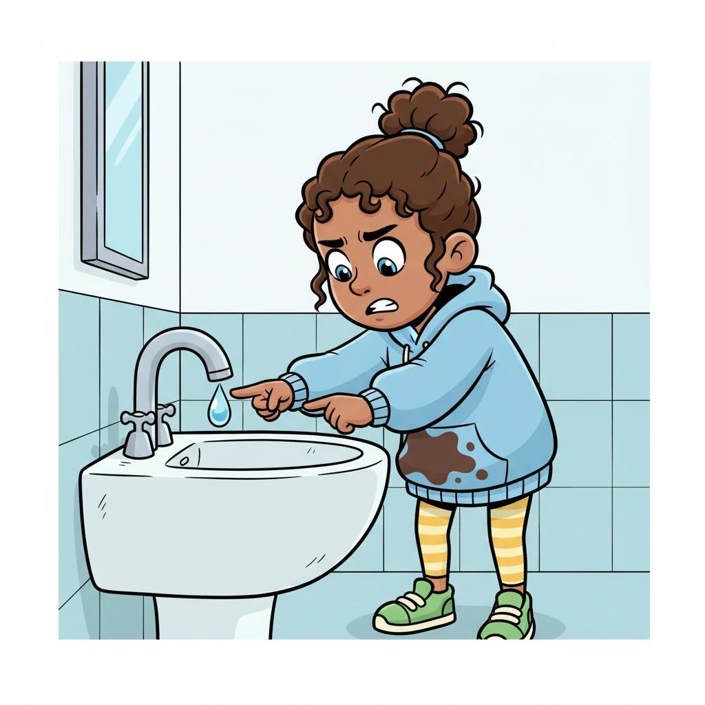 Nia rushed to the bathroom and was trying desperately to clean her now-stained dress when, with a sputtering sound, the water stopped running completely. She stared at the dry faucet, a single drop of water clinging to the spout. Her attempts to fix the mess were now completely thwarted.