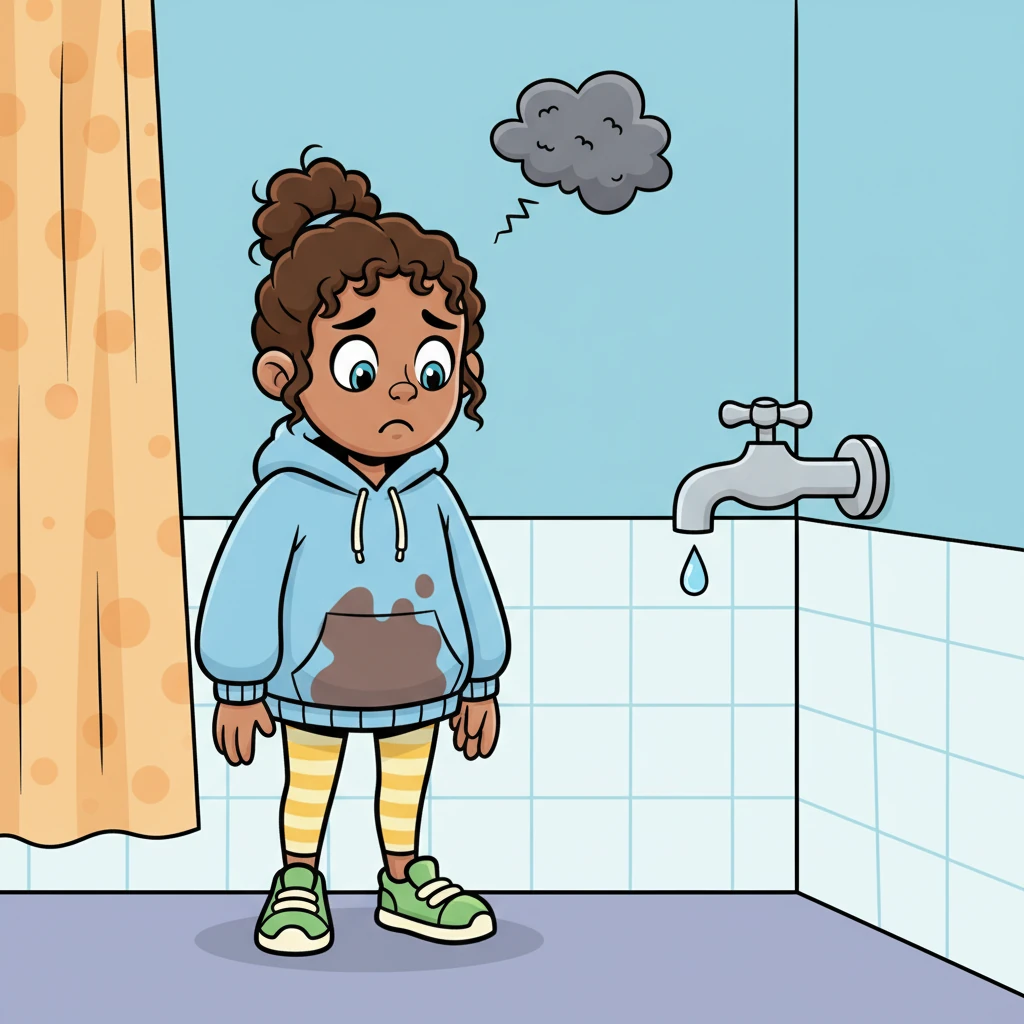 Nia was standing there in utter shock, looking from her ruined dress to the silent faucet, when she realized it was just one of those days. Her shoulders slumped slightly as she took in the string of unfortunate events. A tiny cartoon cloud of exasperation seemed to form above her head.