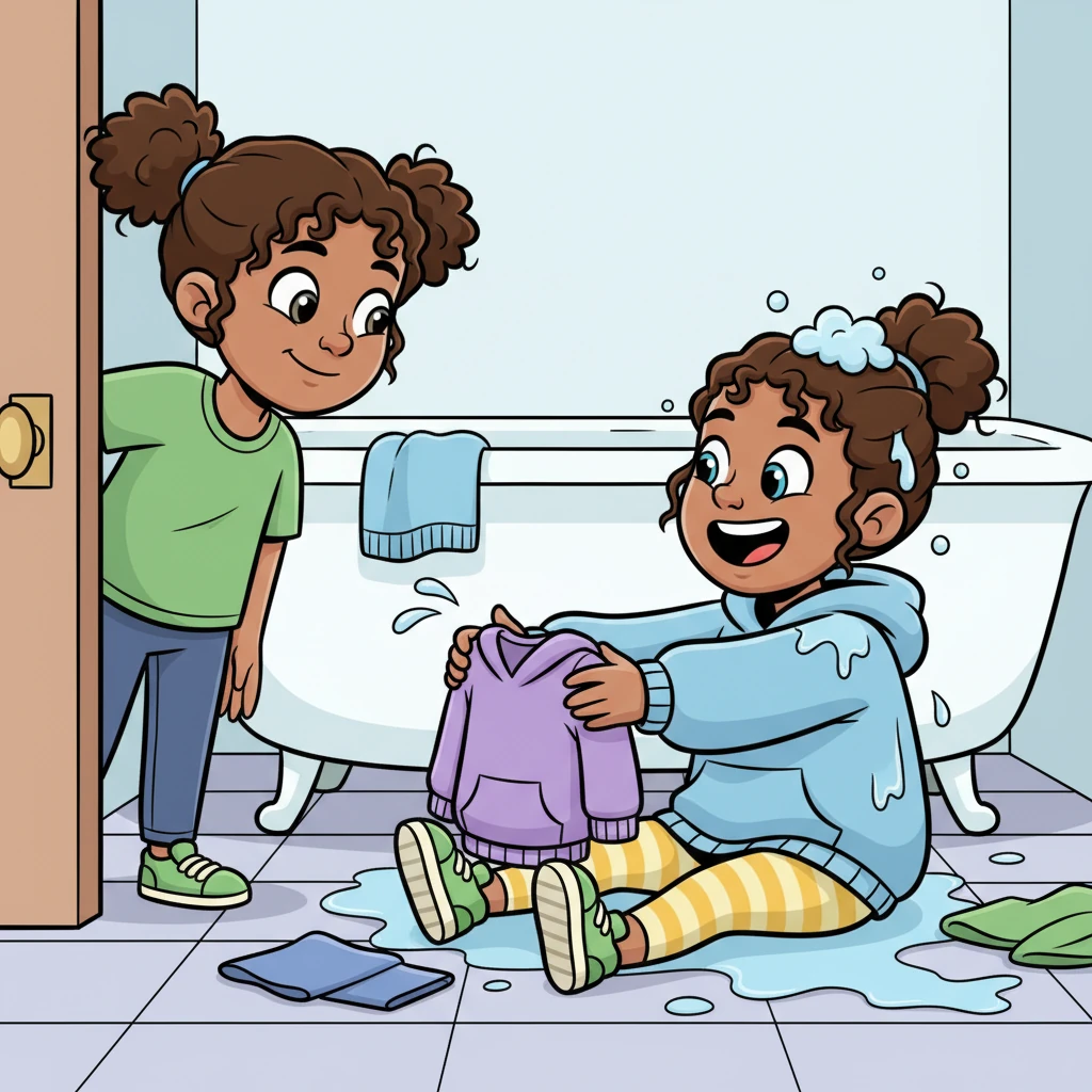Just then, Maya peeked into the bathroom, saw Nia's predicament, and gently offered a change of clothes. Nia was accepting the kind gesture when a shared giggle escaped them both, understanding that some days are just comically disastrous. The lighthearted moment began to lift Nia's spirits.