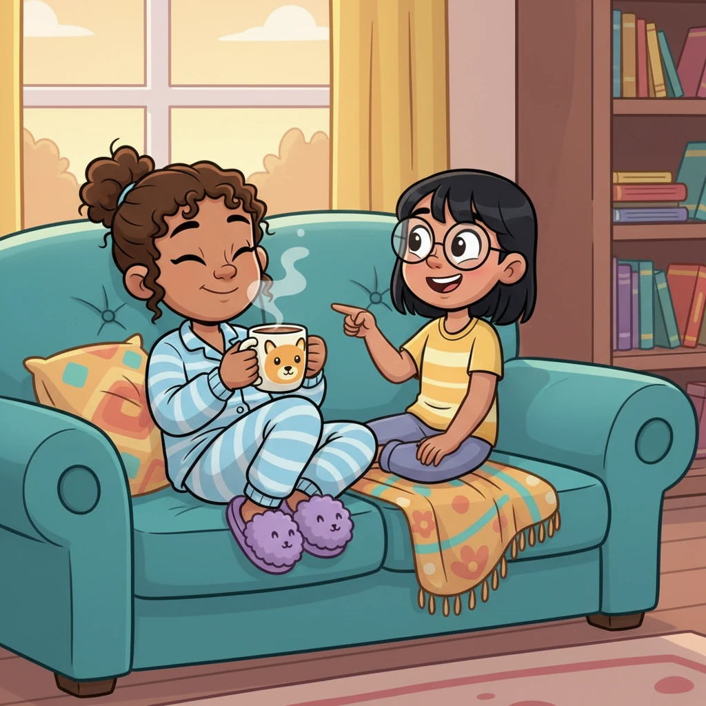 Soon, Nia was relaxing comfortably on the sofa, wearing comfy pajamas borrowed from Maya, when she realized that even the worst days can end with laughter and good company. She sipped a warm drink, feeling much better after her series of mishaps. With a big, happy sigh, Nia knew everything would be alright.