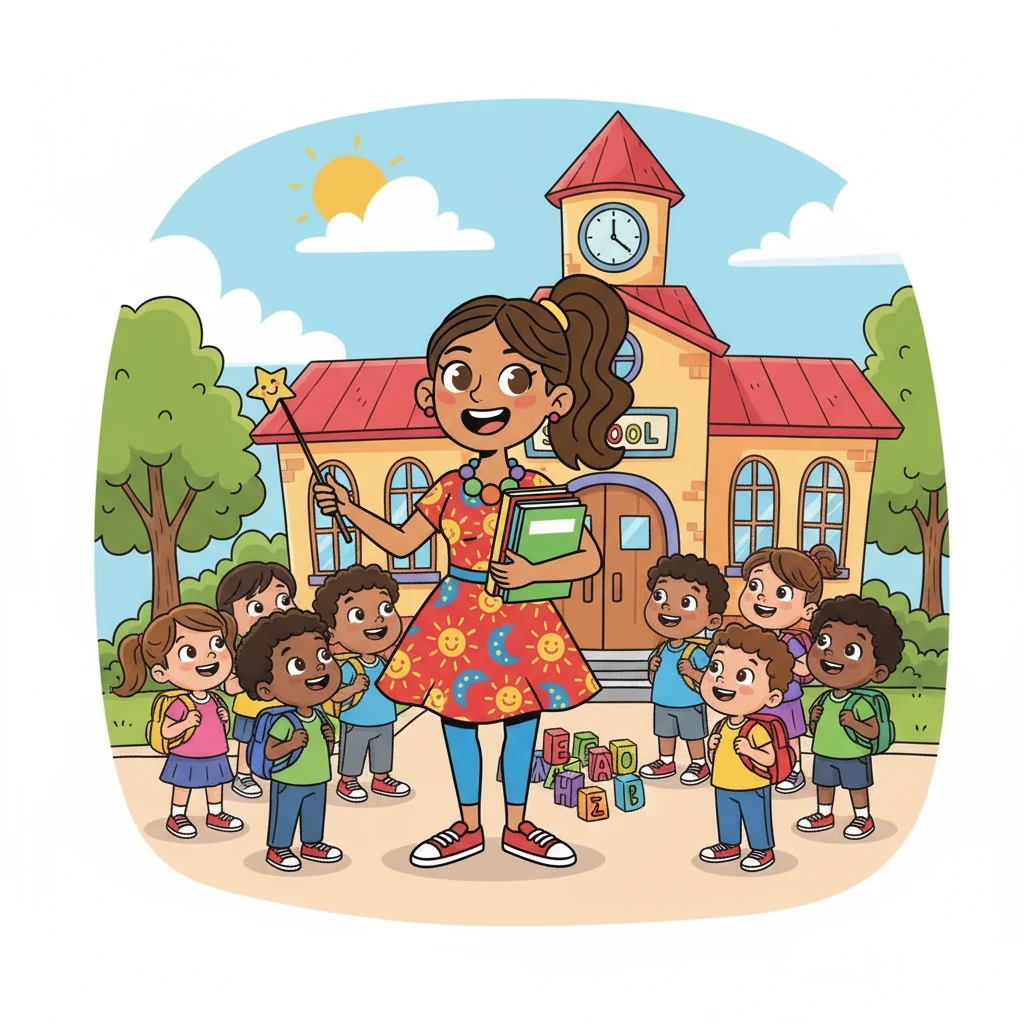 Celia, con su pelo castaño y rizado, se preparaba para un nuevo día en la escuela. Los niños y niñas de primero, llenos de entusiasmo, esperaban ansiosos en la puerta. Hoy, la aventura prometía ser especial, con un juego de palabras que Celia había preparado.