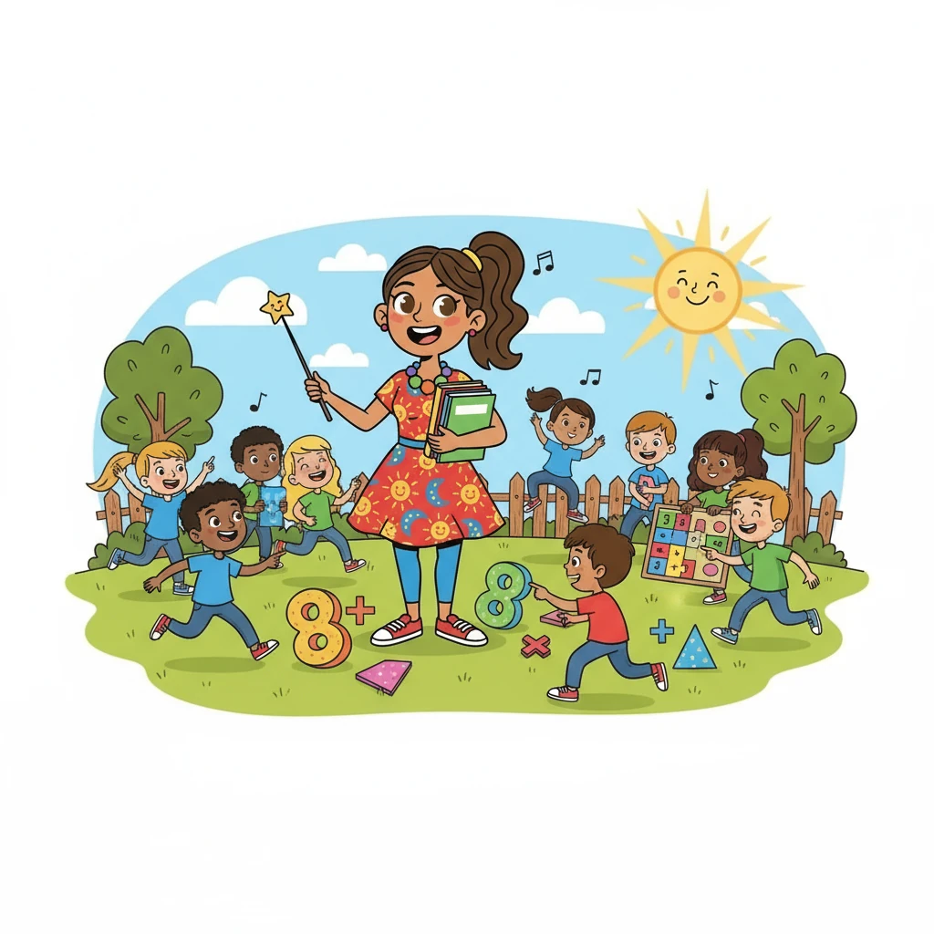 Paco, con su pelo corto y enérgico, organizaba un juego de matemáticas al aire libre. Los niños, divididos en equipos, resolvían problemas divertidos mientras corrían y reían. El sol brillaba, y el ambiente era de pura alegría.