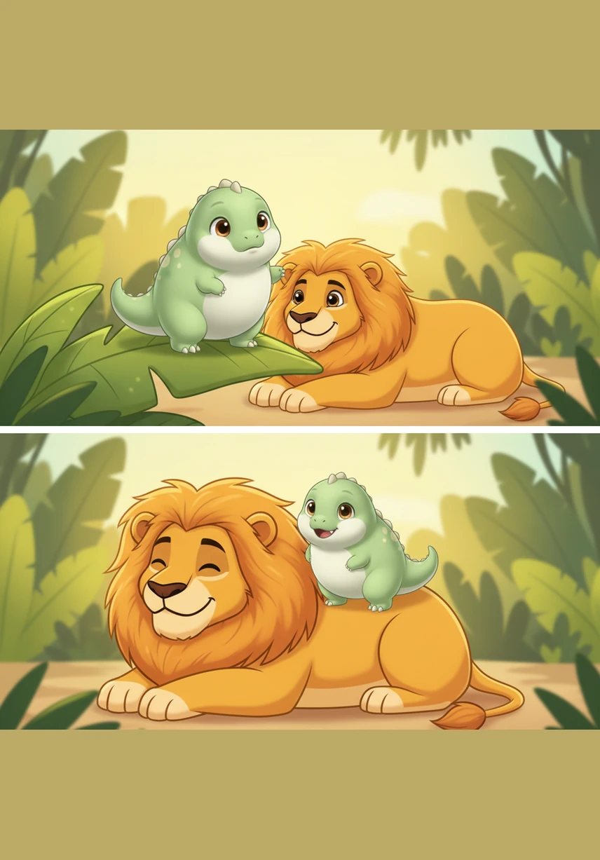 In the heart of a magical jungle filled with glowing flowers and giant trees, a tiny green dinosaur named Dino found himself all alone. He wandered through the soft grass, his big eyes searching for a friendly face among the fluttering butterflies.