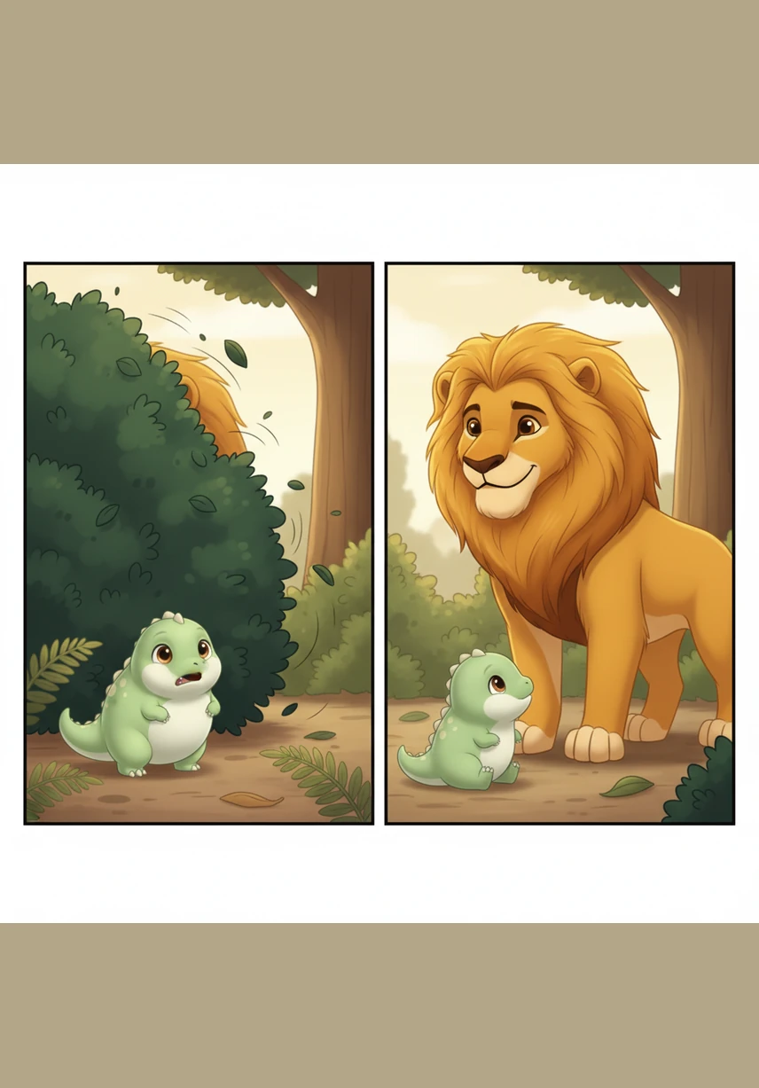 Suddenly, the bushes rustled and a magnificent lion named Sinbad stepped into the clearing. Sinbad had a thick golden mane and a very kind face, and he looked down at the shivering little dinosaur with gentle, protective eyes.