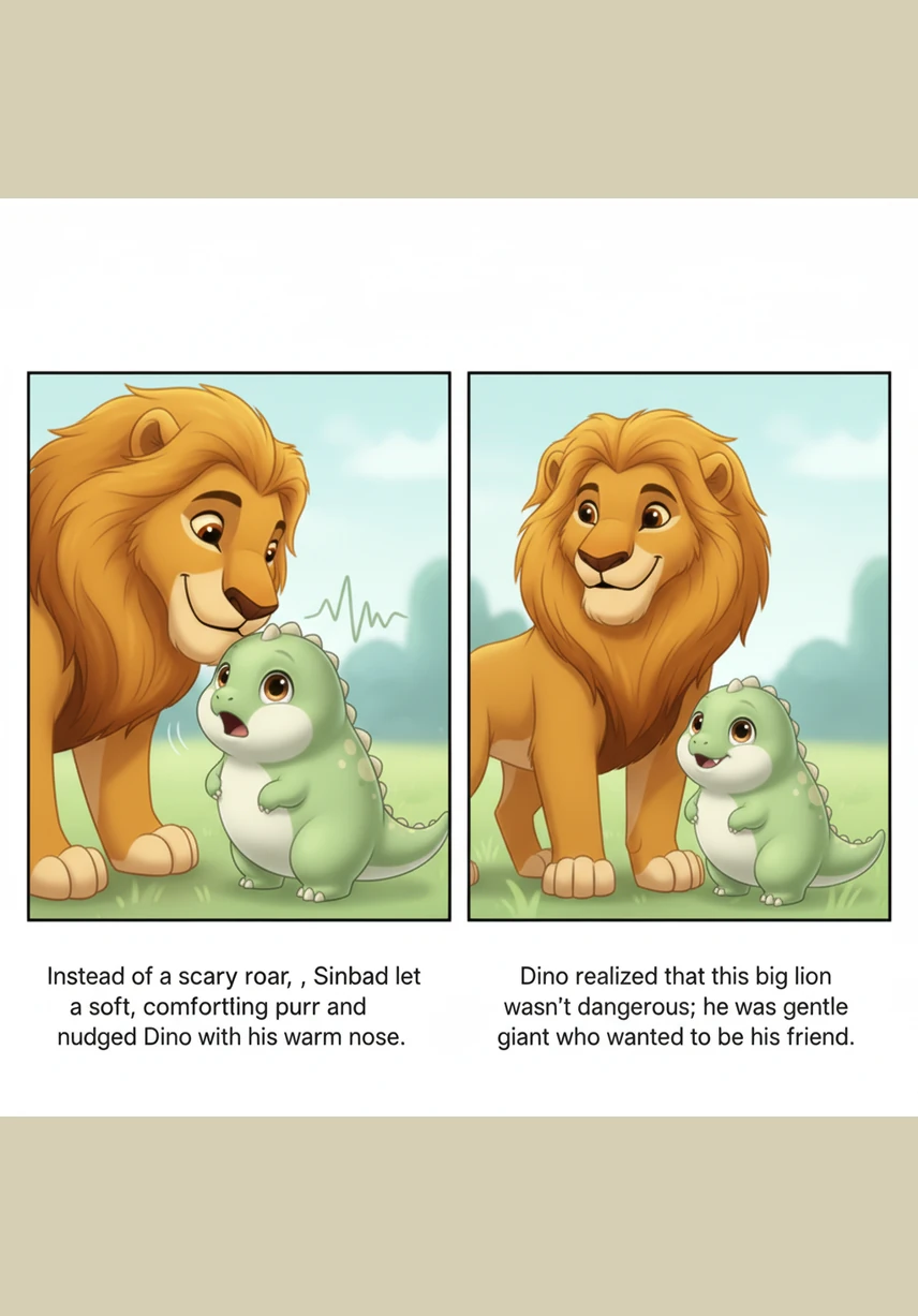 Instead of a scary roar, Sinbad let out a soft, comforting purr and nudged Dino with his warm nose. Dino realized that this big lion wasn't dangerous; he was a gentle giant who wanted to be his friend.