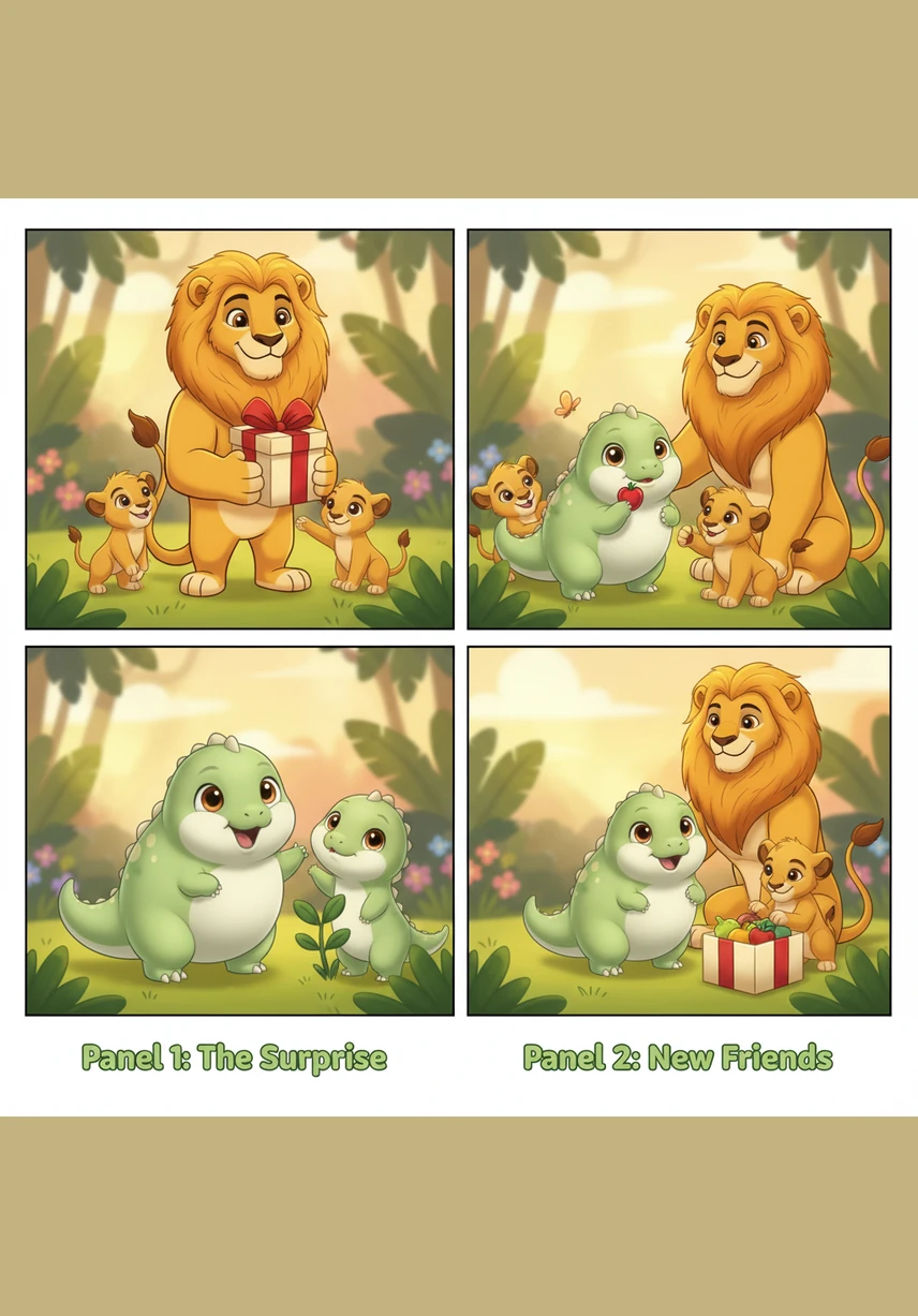 Sinbad knelt down so Dino could climb onto his sturdy, golden back. Together, they traveled through the jungle, passing sparkling waterfalls and colorful birds, heading toward a place where Dino would finally be safe.