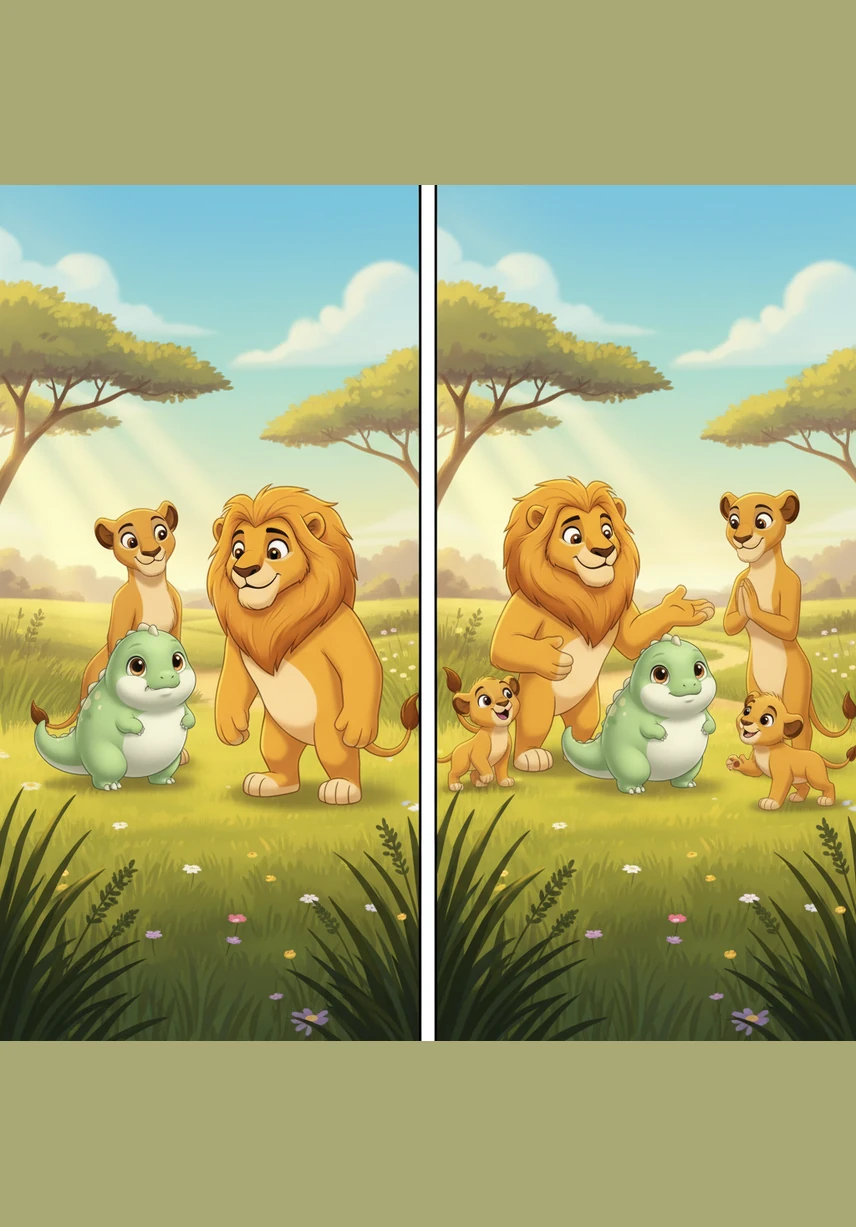 They reached a beautiful sun-drenched field where Sinbad’s lion family lived. At first, the other lions were surprised to see a little green dinosaur, but Sinbad stood tall and showed them that Dino was now one of them.