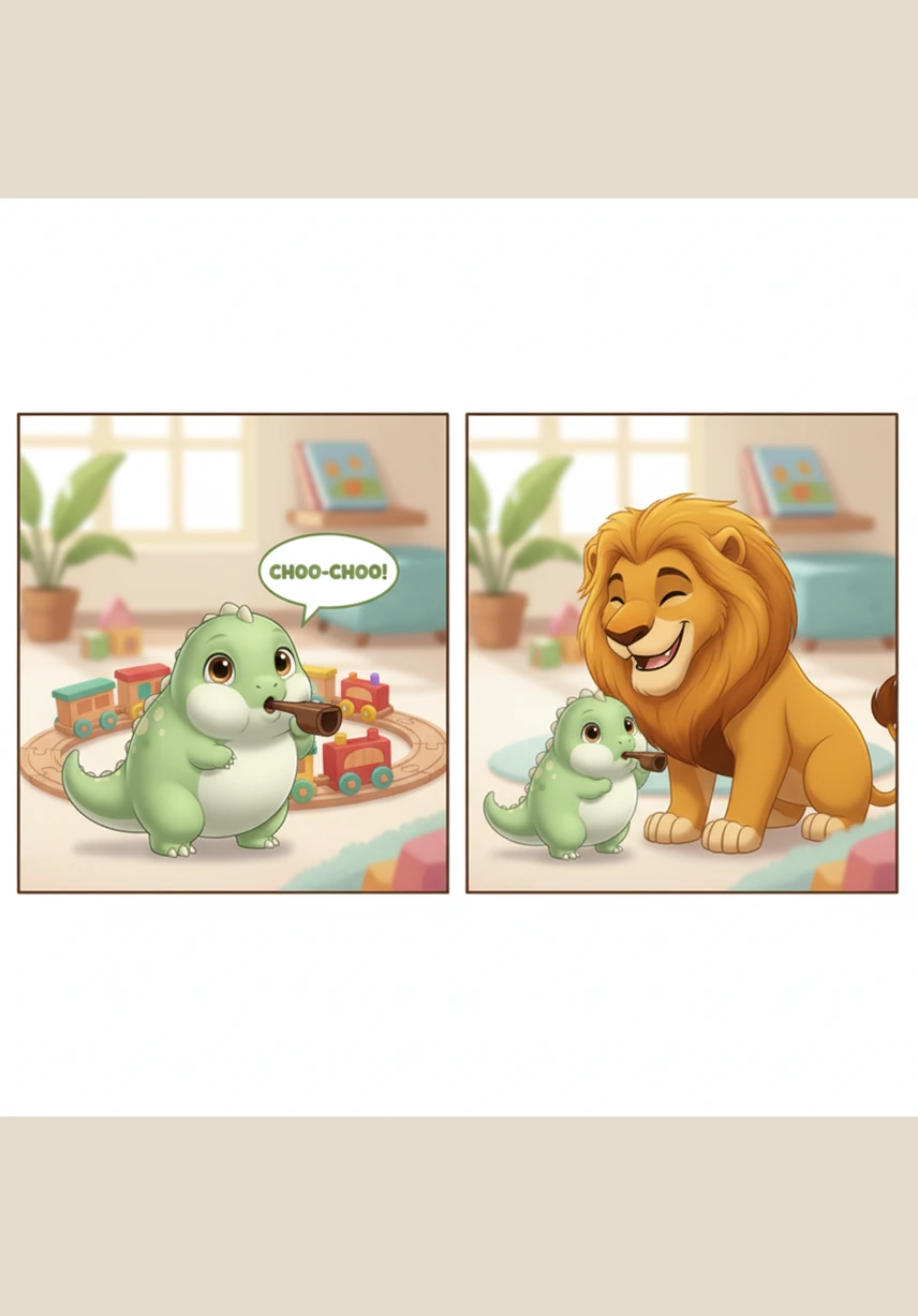 The days were filled with joy as Dino played tag and pounced in the tall grass with his lion brothers and sisters. Even though he had scales instead of fur, they loved his curious spirit and his happy, wagging tail.