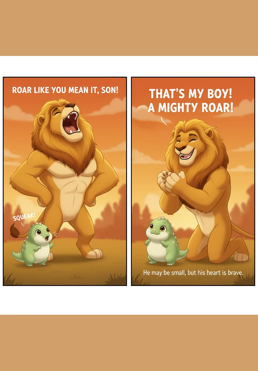 Under the orange glow of the evening sky, Sinbad taught Dino how to be brave and strong. Dino practiced his very best roar, and even though it sounded more like a tiny squeak, Sinbad let out a proud cheer for his little dinosaur son.