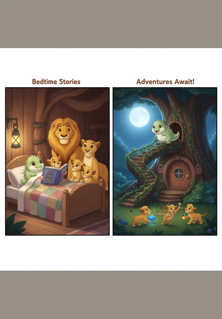 Dino grew up happy and loved, surrounded by the bravest lions in the jungle. He learned that family is made of those who care for you and protect you, proving that love knows no bounds, no matter how different we may seem.