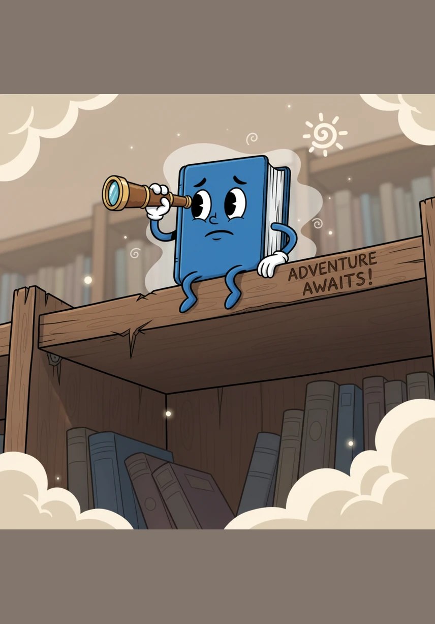 In the corner of a quiet, sun-drenched library, a small blue book named Dewey sat on a very high shelf. He was brand new with crisp, white pages and a bright yellow bookmark tail, but he felt a little sad because his pages were still empty. Dewey looked at the older books around him and wondered when his own story would finally begin.