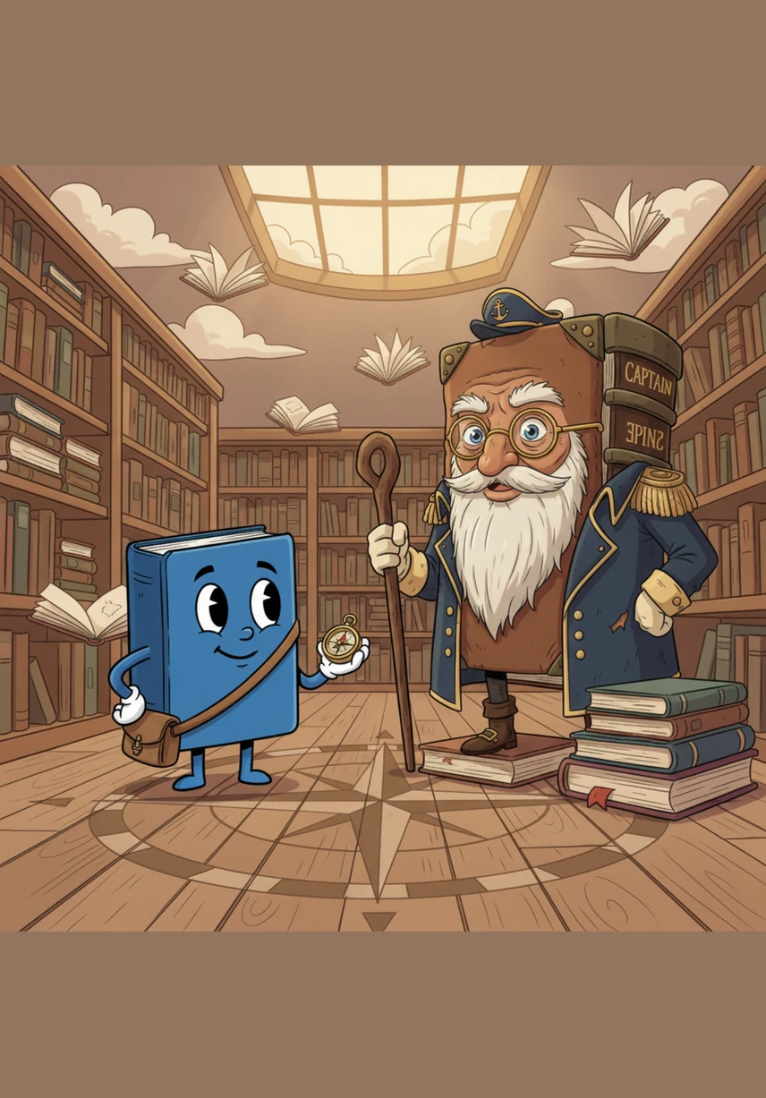Dewey met a brave, red-covered book named Captain Spine who was decorated with a golden compass. The Captain told grand tales of sailing across the Great Desk Ocean and climbing the Mountain of Encyclopedias. Dewey listened with wide eyes, wishing he had such exciting adventures to tell.