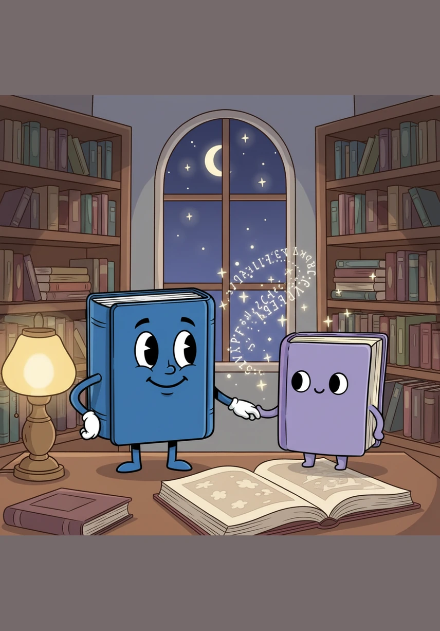 In a cozy nook lit by starlight, Dewey encountered a gentle purple book named Luna who smelled like lavender and old dreams. Luna showed him how to look at the ceiling and see constellations made of punctuation marks. She told him that every book has a special magic, even if they haven't found it yet.