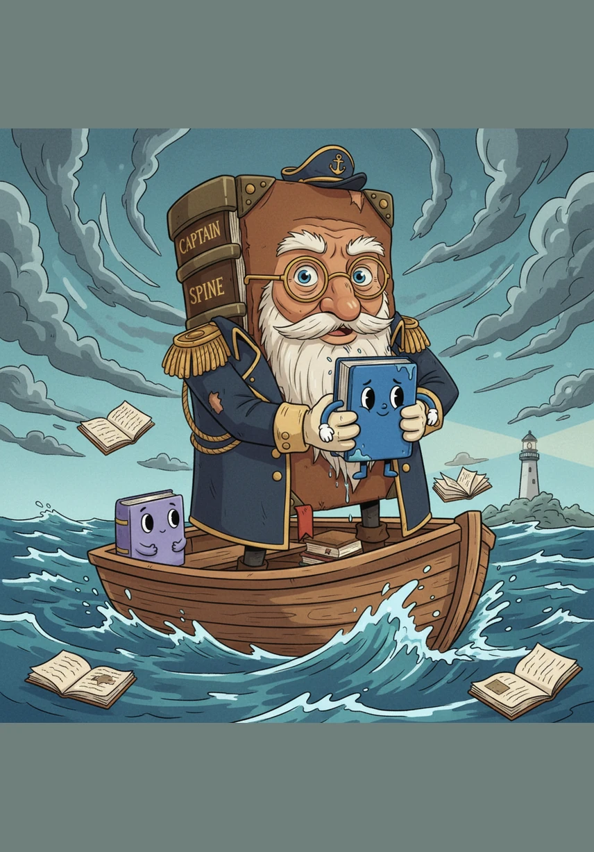 Before he could slip, all his new friends rushed over and opened their covers to create a soft, paper landing for him. Captain Spine, Luna, and even Professor Pages worked together to keep him safe. Dewey landed gently, feeling the warmth of his friends and the strength of their bond.