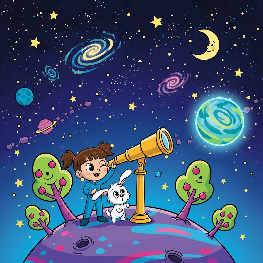 Com seus grandes olhos, Lili apontou para um planeta azul e verde que brilhava intensamente. Toto, curioso, correu para o telescópio. "Uau! Que lugar bonito!", exclamou Lili. "Vamos visitar?", perguntou Toto, ansioso.