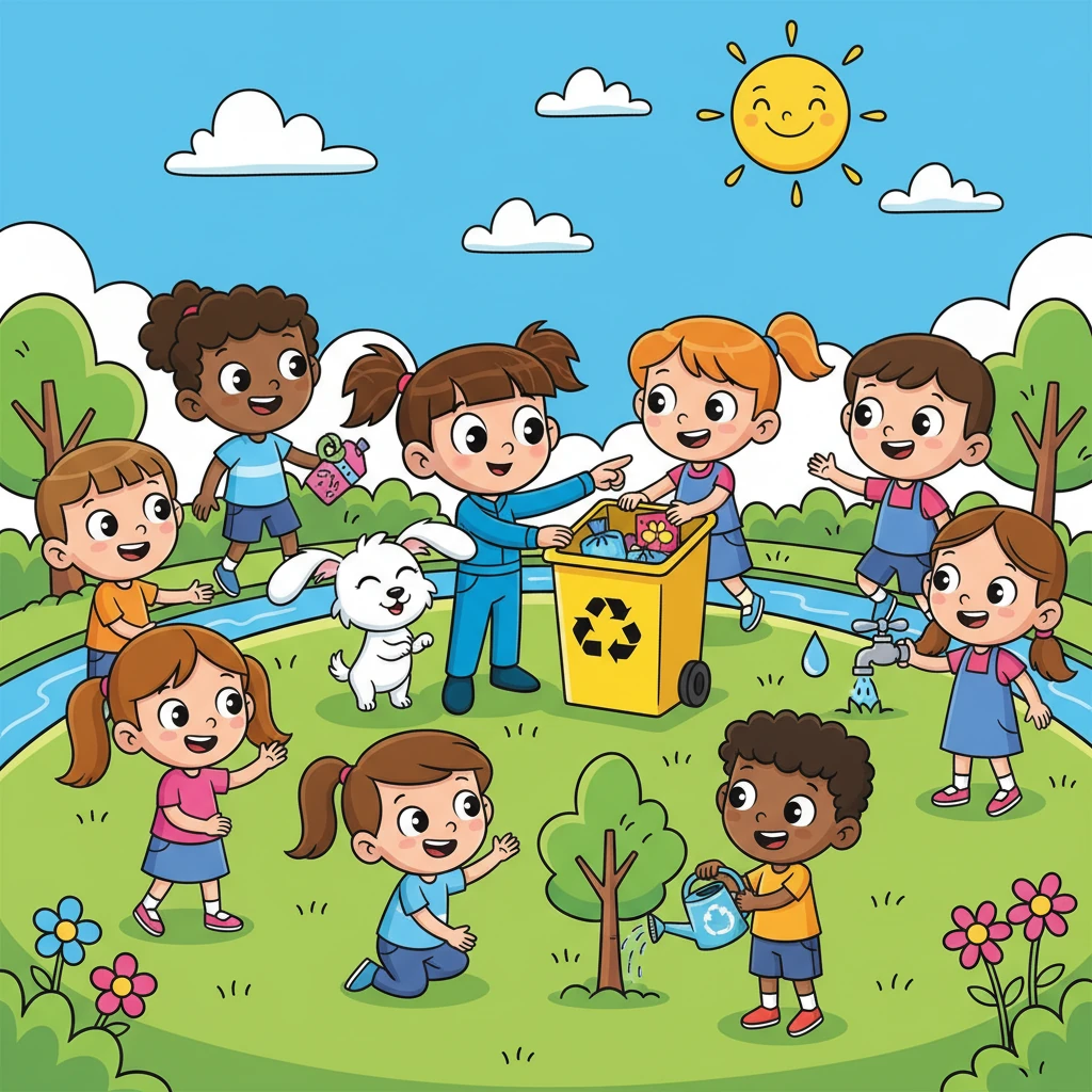Lili e Toto começaram a mostrar às crianças como jogar o lixo no lugar certo, cuidar das árvores e economizar água. As crianças aprenderam e ficaram muito felizes.
