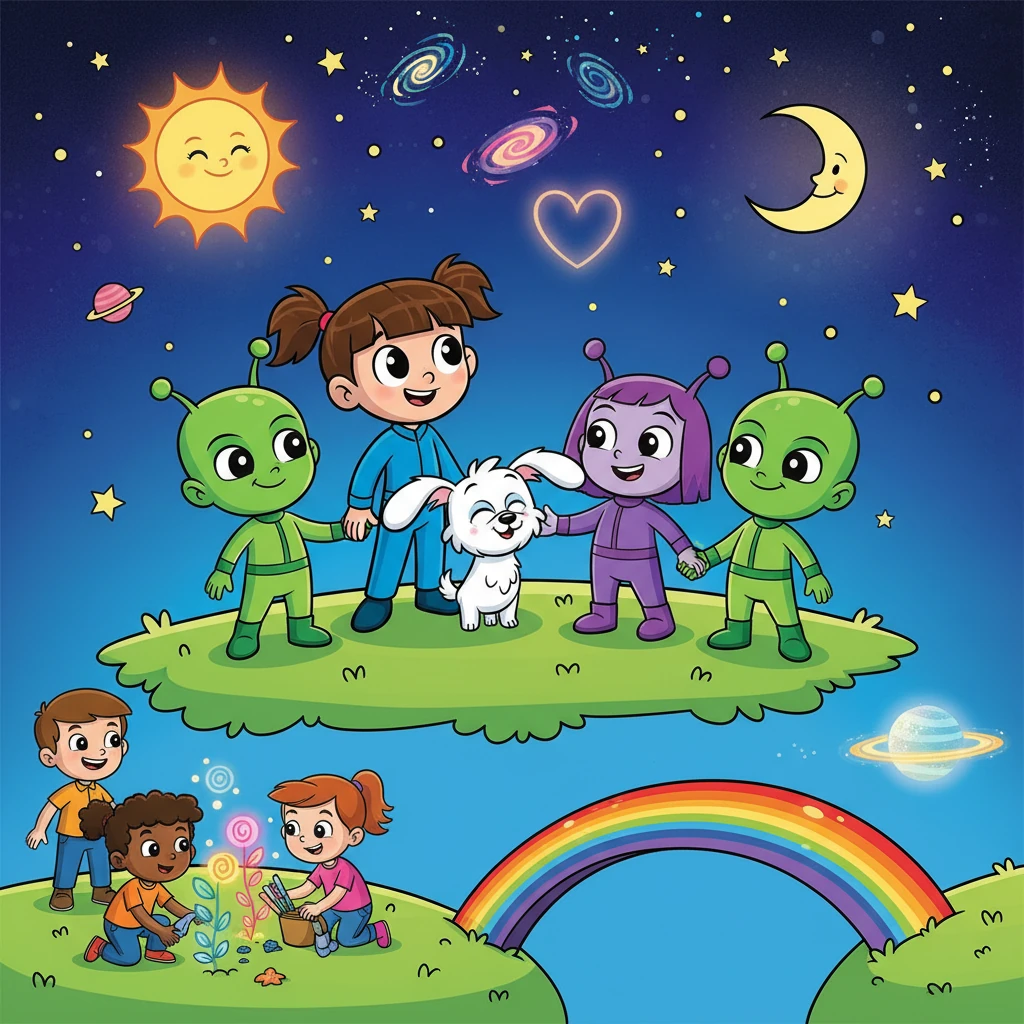 As crianças adoraram a visita dos ETs e prometeram ajudar o planeta todos os dias. A amizade entre Lili, Toto e as crianças da Terra fortaleceu a união em prol do planeta.